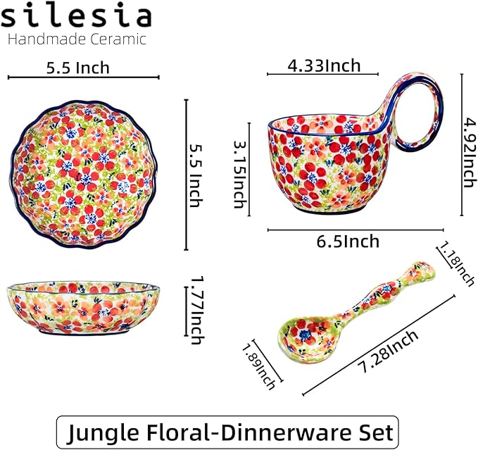 silesia Handmade Loop Handle Soup Bowl, Plate and Spoon Set Ceramic Hand Painted Cereal Bowl Great for Soup, Ice cream, Snack, Stew in Gift Box, Dishwasher & Microwave Safe, Jungle Floral