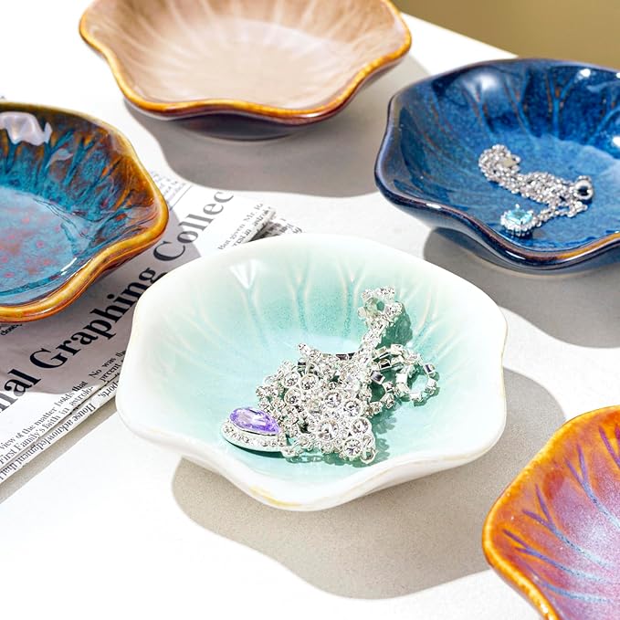 Vintage-Inspired Ceramic Jewelry Dish – Handcrafted Floral Trinket Trays in Luxe Glazed Porcelain | Antique-Style Ring Holders for Vanity & Dresser Décor (1, Kiln transformed lotus, retro green)