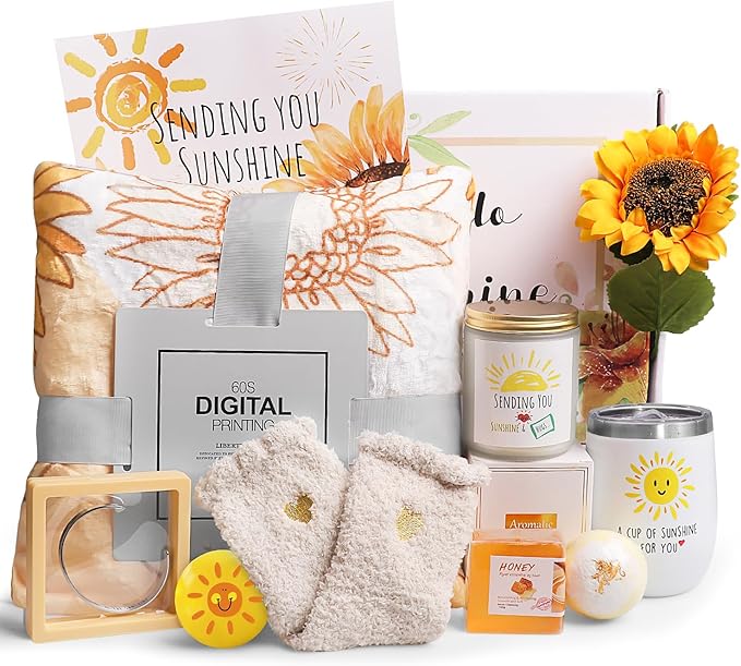 Get Well Soon Gifts for Women, 10pcs Care Package Unique Birthday Gifts for Women Sending Sunshine Box Sunflower Basket w/Inspirational Blanket Jar Candle for Thinking of You Sister Best Friend