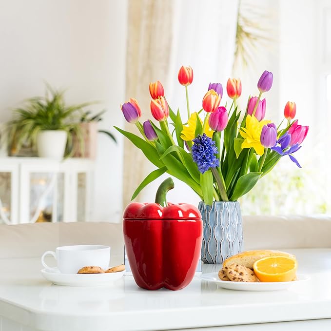 Bell Pepper Food Storage Jar, Red Ceramic Cookie Jar with Lid, Unique Decorative Candy Container Jar, Kitchen Canister Decorations for Home Kitchen Special Housewarming Gift