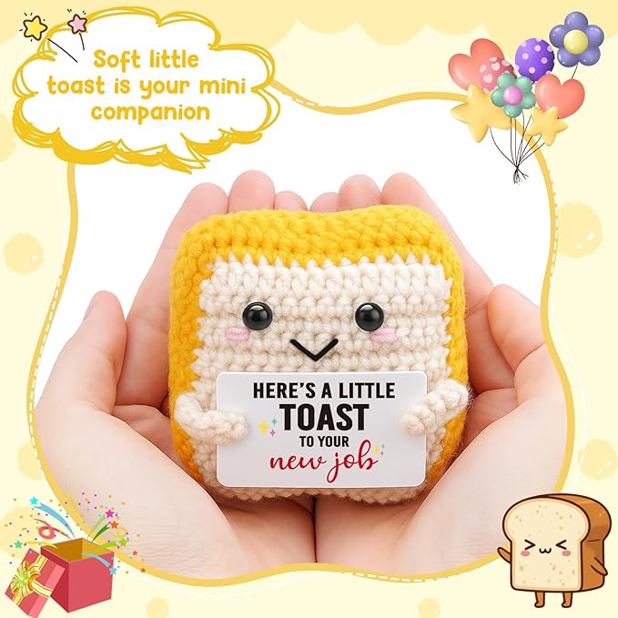 New Job Gift for Coworker - Crochet Toast Congratulations Present for Promotion, Farewell, Going Away - Handmade Emotional Support Plush, Cute Office Desk Decor Accessory for Men, Women, Friend
