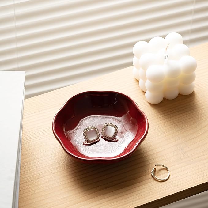 Ceramic Ring Dish Flower Jewelry Holder Dish Cute Jewelry Dish Tray Trinket Dish Small Decorative Tray Key Bowl Room Decor Aesthetic for Mom Best Friend Sister (red)