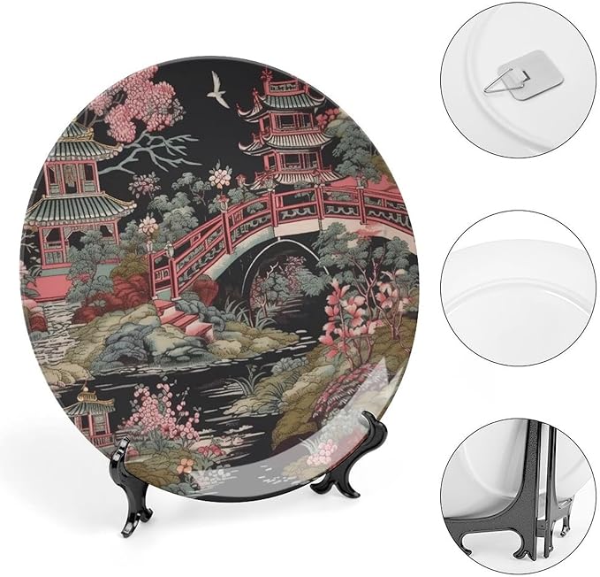 Chinoiserie Charcoal Coral Pagoda Asian Fashion Plates, Chinese Style Pagoda Ceramic Dinner Plates for Kitchen Display Decor, Including Bracket And Special Hook Art Decorations for Home Office