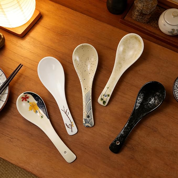 DAYUMKOU 6 Pack Asian Soup Spoon Ceramic Chinese Soup Spoons Set for Soup, Cereal, Pho, Noodles, Dumpling, Miso, Wonton Meal Partner