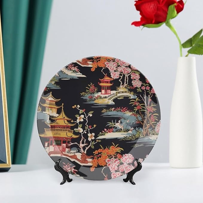 Chinoiserie Charcoal Coral Pagoda Asian Fashion Plates, Asian Style Chinoiserie Pagoda Customize Decorative Plate for Office Wedding Decor, with Vertical Stand Art Decor for Festival Club