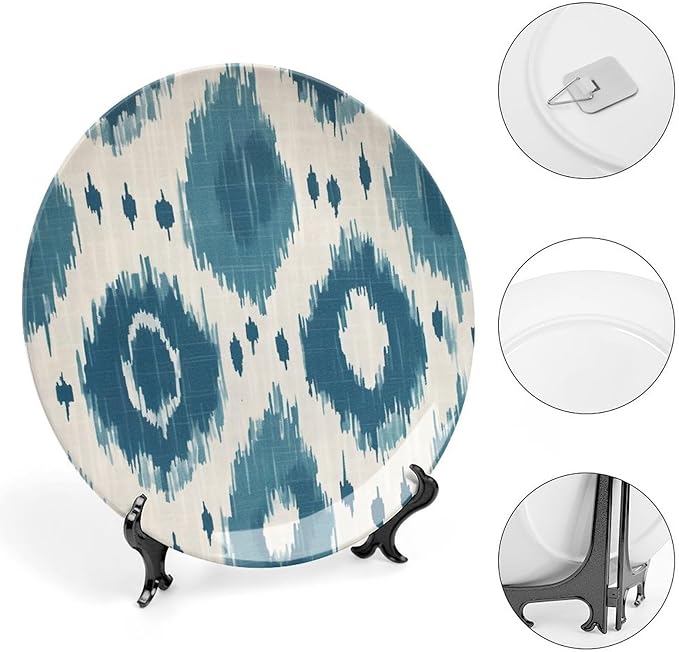 Plates Ceramic Blue Ikat Customize Decor for Club Housewarming Gifts Art Decoration Home Chinese Plates with Display Stand And Hook Up, Multi Sizes by Choosing, Gifts for Men Women