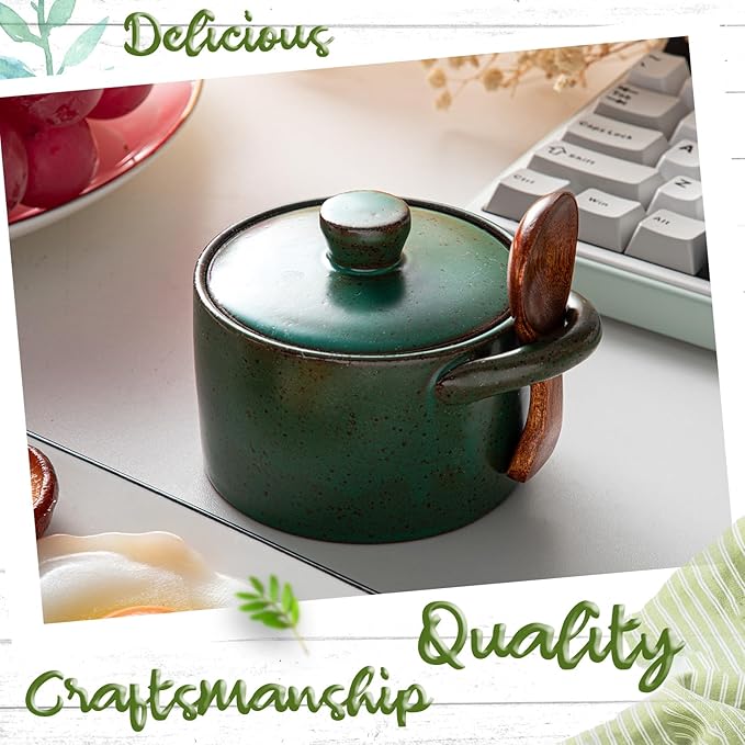 Honeydak Speckled Ceramic Salt Cellar with Lid and Wooden Spoon, Rustic Farmhouse Salt Pepper Cellar for Valentines Day,Housewarming Gift, Heavyweight Spices Container (Green,2 Set)