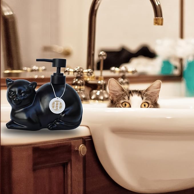 Black Liquid Soap Dispenser, Ceramic Cat, Refillable Wash Liquid Soap Hand Soap for Bathroom Kitchen