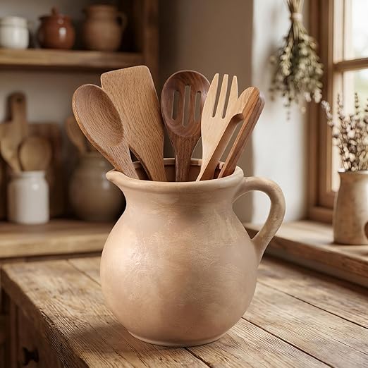 Rustic Kitchen Utensil Holder with Handle,7.48" H Ceramic Vintage Utensil Crock for Countertop, Farmhouse Kitchen Decoration Ceramic Pot for Spatulas Spoons Tongs(Classic,Antique Beige)