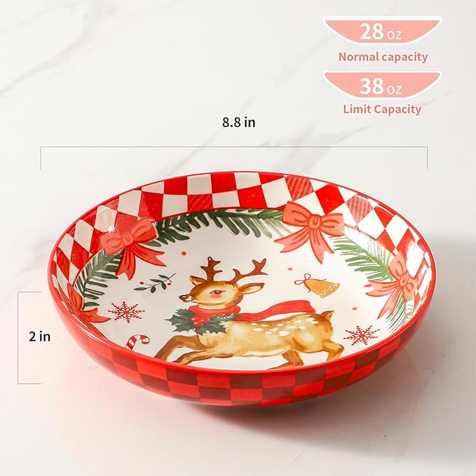 Pasta Bowls 42 Oz, Serving Bowls Set of 4, Ceramic Plate for Kitchen,Salad, Dinner, Microwave Oven and Dishwasher Safe, Versatile Christmas Dishes for Holiday Entertaining, Red