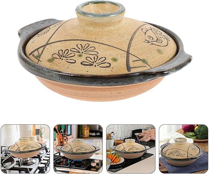 Hemoton Japanese Ceramic Donabe Pot, 7.99 Inch Brown Clay Casserole with Lid, Heat-Resistant Stew Pot for Soup, Rice, and Braised Dishes, Fish Grass Pattern for Home Cooking
