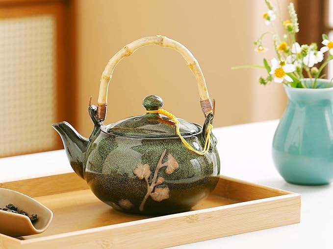 Traditional Japanese tea set, Kiln altered glaze Porcelain tea set with 1 Teapot, 6 Tea cups, 1 Tea Tray,Japanese teapot set, Asian tea sets (Kiln altered-Green)