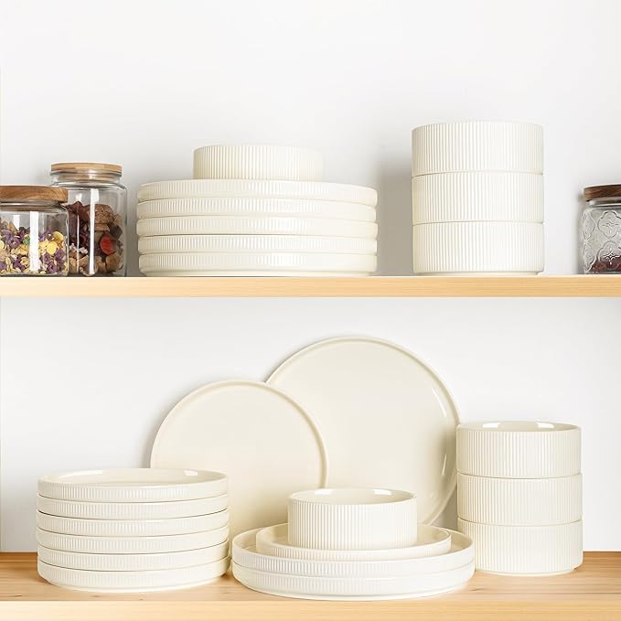 TheTerra Ceramic Dinnerware Sets for 8, 24 Pieces Porcelain Lightweight Plates and Bowls Sets, Scratch Resistant Dish Set, Oven & Microwave & Dishwasher Safe, Beige