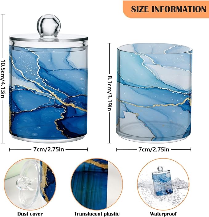 MNSRUU 2 Pack Qtip Holder Organizer Dispenser Blue White Marble Wave Bathroom Storage Canister Cotton Ball Holder Bathroom Containers for Cotton Swabs/Pads/Floss