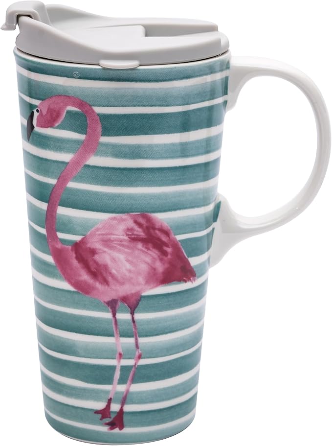 Topadorn Ceramic Travel Coffee Cup with Lid Ceramic Mug with Gift Box, Unique Coffee Mug for Latte & Hot Chocolate, Holiday Office Gift Her Him, Flamingo