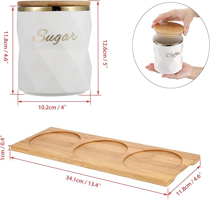 JUXYES Set of 3 Ceramic Canisters Set for Sugar Coffee Tea, Luxurious Storage Containers Set with Lids Decorative Storage Pots White Ceramic Storage Jar for Kitchen Counter Dining Room