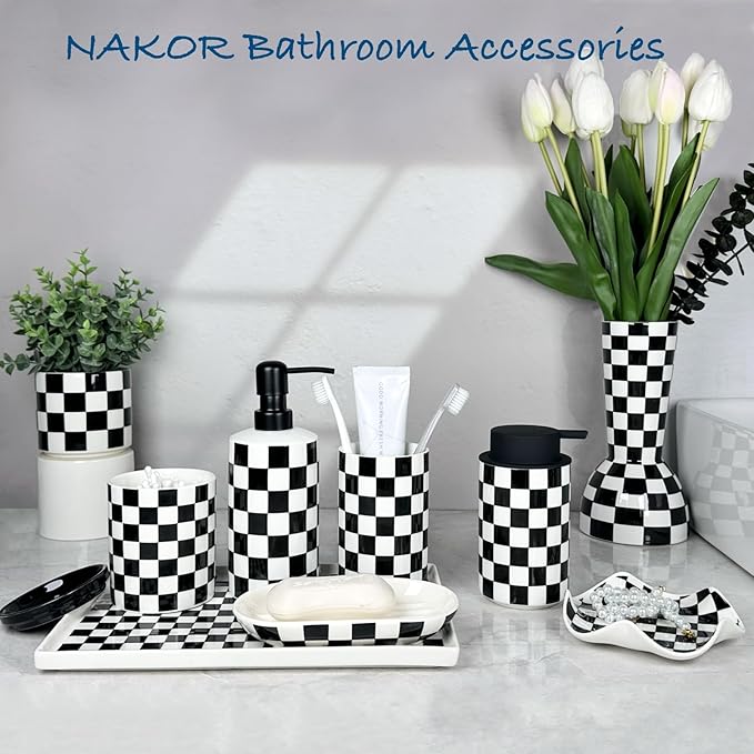 Q tip Holder, Qtip Dispenser with Lid, Cotton Swab Ball Holder Container for Bathroom, Q-tip Canisters/Apothecary Jar for Countertop Organizer, Modern Checkered Bathrooms Decor,Black and White Ceramic