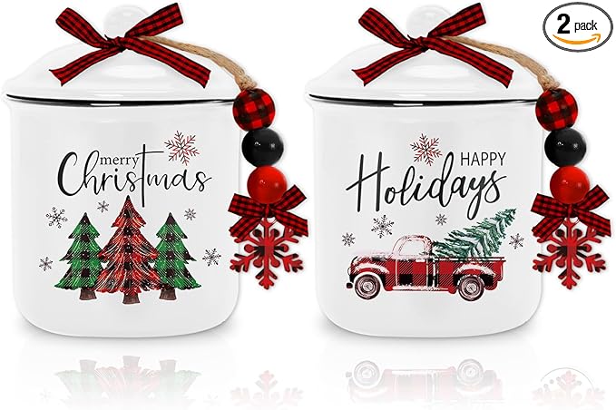 Whaline 2Pcs Christmas Mini Ceramic Canister Red Green Plaid Xmas Tree Truck Snowflake Mini Jar Holiday Candy Holder with Lid Bow for Xmas Winter Home Decor Storage Accessory