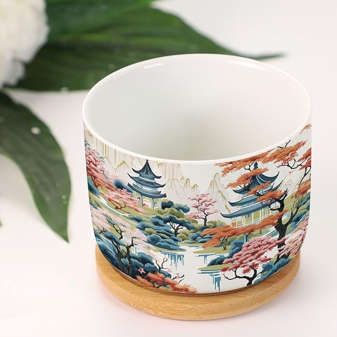 5 Piece Blue Asia Tiered Tower Coral Pink Flower Small Flowers Pots Oriental Chinoiserie Succulent Planters with Drainage Holes Chinoiserie Garden Scenery Planters Ceramic