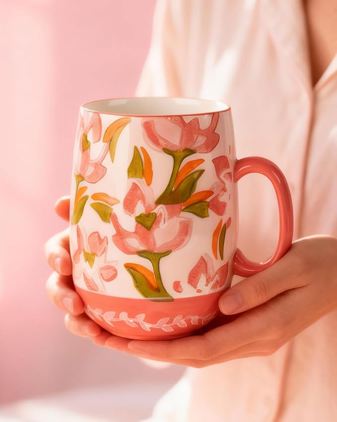 Large 24oz Ceramic Coffee Mug with Handle for Coffee or Tea, Hand-Painted Floral Pottery Mug for Women, Durable Microwave & Dishwasher Safe, Christmas Gift for Family, Holiday & Fall Decor
