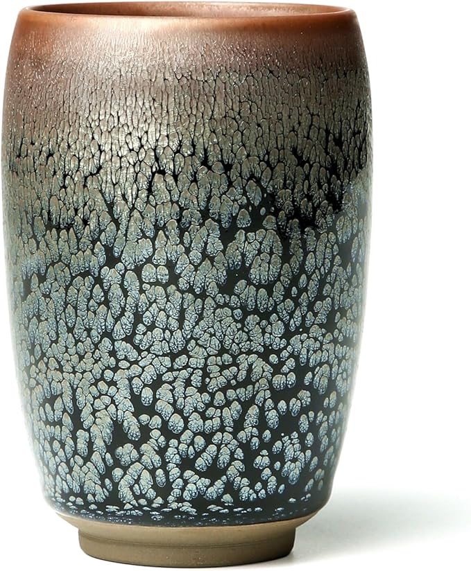 Porcelain Coffee Mug 12 oz, Brilliant Floral Glaze Jianzhan Tenmoku Tea Cup, Handmade Cylindrical Ceramic Mug with no Handles for Coffee, Beer and Tea (Hundred Flowers Glaze)