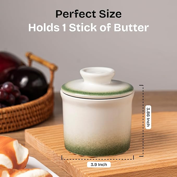 Stoneware Butter Crock with Lid, Ceramic Butter Dish with Water Line, Countertop Butter Keeper, Butter Holder for Countertop, Ombre Green