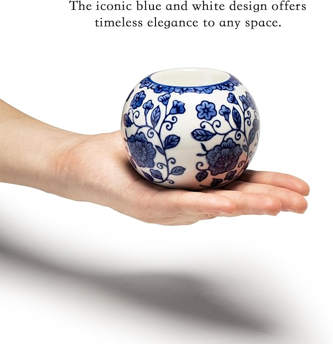 One Pair Classic Celadon Tealight Holder Set, Chinoiserie Blue and White Porcelain from Jingdezhen, Candle Holder for Housewarming Gifts and Home Decoration (W 3.54 in x H 2.76 in)