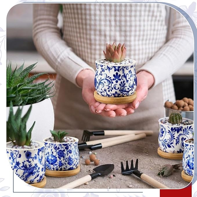 12 Pcs 3" Ceramic Chinoiserie Succulent Plant Pot Blue and White Porcelain Planter with Bamboo Tray Drainage Hole Mini Chinese Flower Jardiniere for Cactus Herbs Home Office Indoor Decor