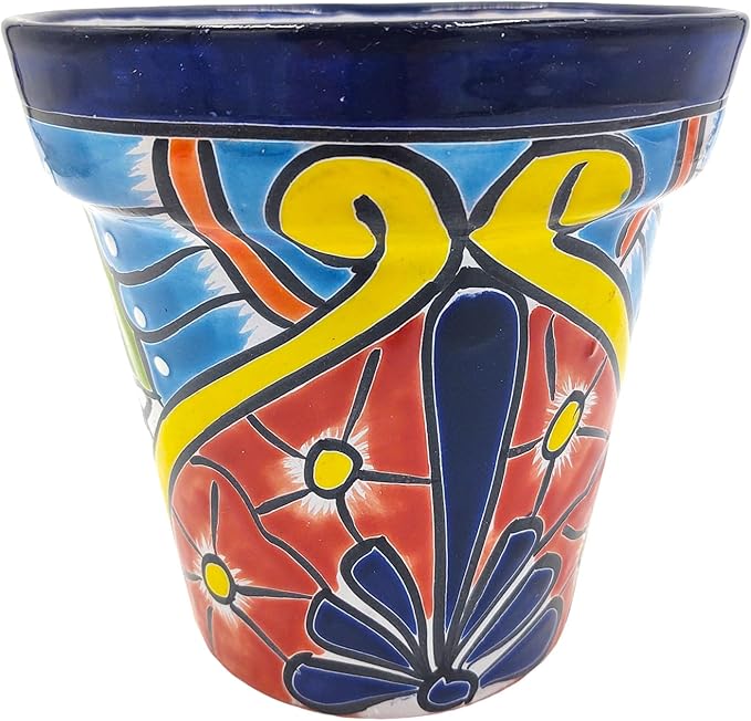 Cactus Canyon Ceramics Talavera Planter, Hand-Painted Mexican Traditional Ceramic Pot with Drainage Hole, Indoor Outdoor Rustic Botanical Terracotta, 7 Inch, Dark Blue Multicolor