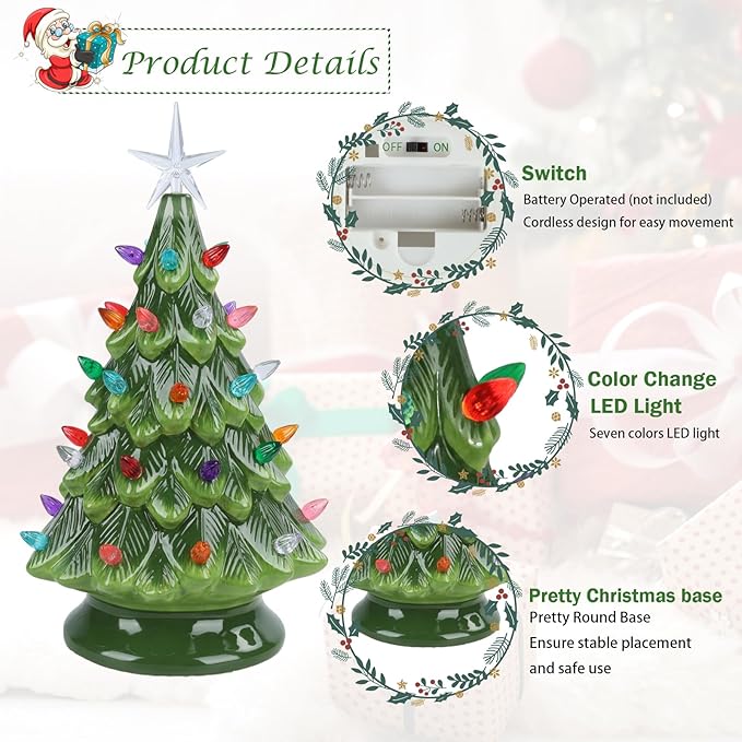 VCUTEKA Small Ceramic Christmas Tree Hand-Painted Vintage Tabletop Green Christmas Tree Holiday Decoration with Multi-Color Lights 12.2 inch