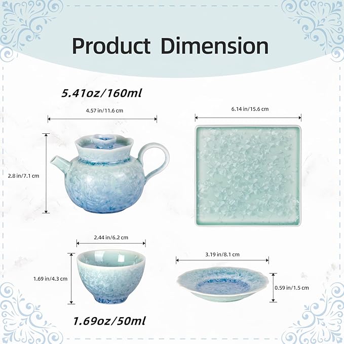 KAMMAK Tea Set for Adults Porcelain Tea Pot and Tea Cups Set, Blue and Green Gradient Japanese Ceramic Tea Cups and Saucers Set, Chinese Gong Fu Tea Set (2 Saucer+ 2 Cups +1 Tea Pot + 1 Square Plate)