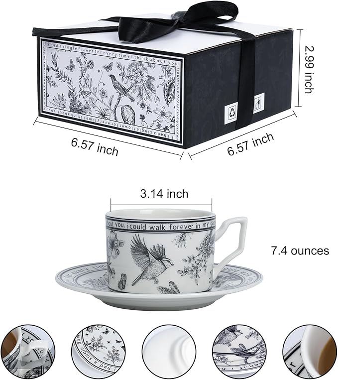Ceramic Coffee Cup and Saucer Set - Vintage Floral Design, Perfect for Espresso, Tea, or Coffee Lovers - Gift Boxed for Home, Office, or Special Occasions (6.8oz)