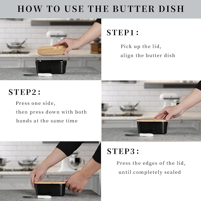 GDCZ Large Ceramic Butter Dish for Countertop Butter Keeper with Silicone Sealing, Natural Wooden Lid and Stainless Steel Knife, Kitchen Decor and Accessories for Kitchen Gifts (Black)