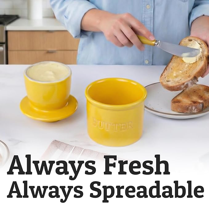 PriorityChef Butter Crock with Lid with Water Line, Ceramic French Butter Dish to Leave On Counter, Yellow