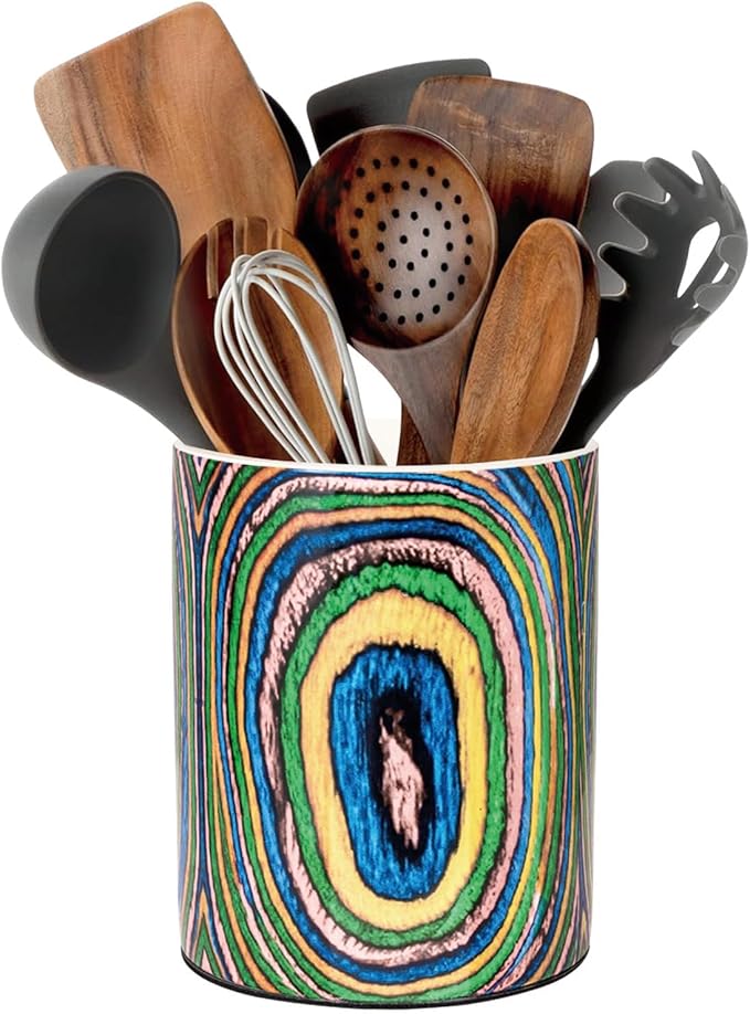 Ceramic Utensil Holder, Wooden Ringed Bohemian Kitchen Countertop Organizer for Spoons & Utensils, Farmhouse Decor for Indoor Kitchen (Round)