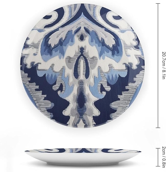 Navy Blue Grey Ikat Plates Ceramic of 6", 7", 9", 10", Personalized Ceramic Ornaments Dessert Plates, Wedding Home Decorations Office, with Display Stand And Hook Up