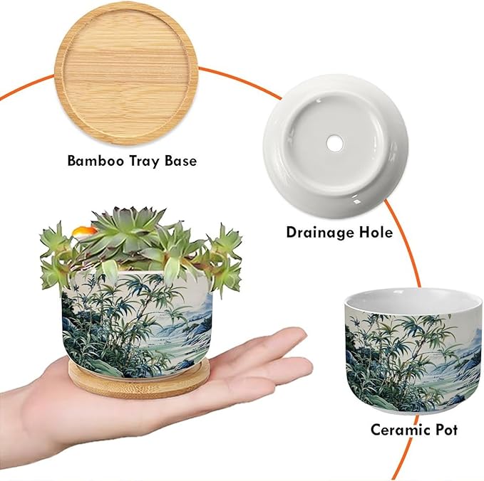 Blue Green and White Asian Scenery Small Ceramics Plant Pot Set of 1 Green Bamboo and Flower Ceramics Pots for Plants with Drainage and Bamboo Tray Oriental Chinoiserie Houseplant Pot
