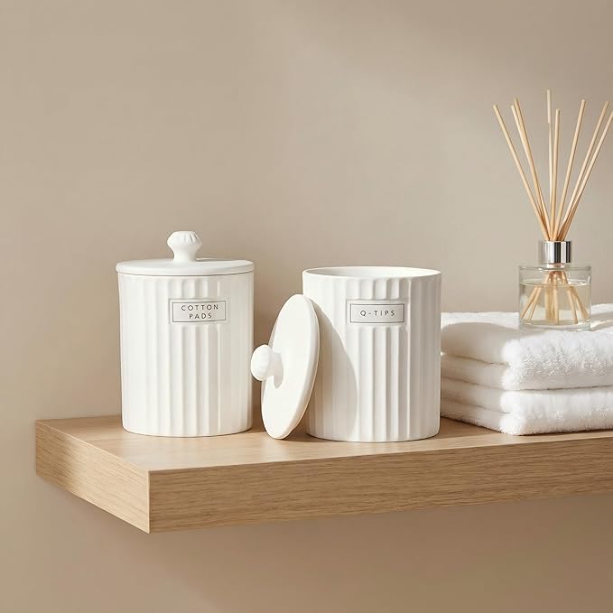 White Ceramic Bathroom Organizer and Storage Jars with Lid, 2 Pack Qtip Holder and Cotton Pad Dispenser, Apothecary Canisters for Vanity, Kitchen Countertop, Home Decor