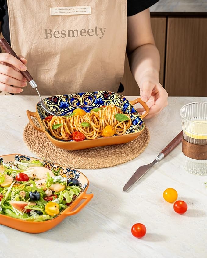 Besmeety Square Pasta Bowls with Handle, Boho Salad Serving Bowls Set of 2, Ceramic 7.09" Pasta Plates for Housewarming Present, Party (Yellow+Orange1)