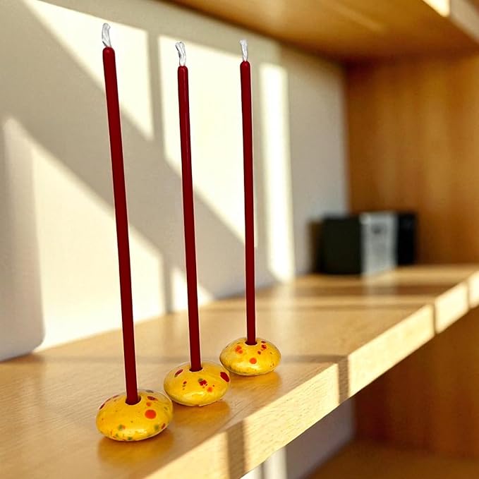 Yellow, Sunny Dots Candle Holder for 5mm Thin Beeswax Candles | Handcrafted Ceramic | Minimalist Double-Fired Taper Stand - Limited Edition (3 Candle Holders)