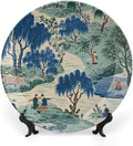 Asian Scenic Dynasty Blue And Green Plates Ceramic, Custom Porcelain Dessert Plate Set for Office Festival Farmhouse Decor, with Vertical Stand Art Decorations for Club Kitchen