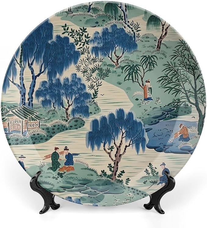 Asian Scenic Dynasty Blue And Green Plates Ceramic, Custom Porcelain Dessert Plate Set for Office Festival Farmhouse Decor, with Vertical Stand Art Decorations for Club Kitchen