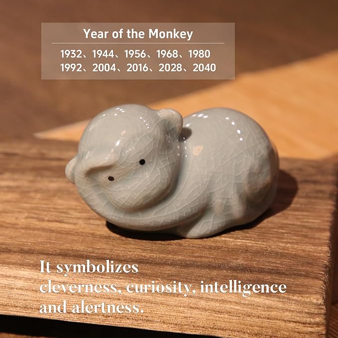12 Chinese Zodiac Tea Pet, Unique Crackle Ru Porcelain, Traditional Chinese Cultural Tea Accessory, Asian Home & Office Decor, Gift for Tea Lovers & Anniversaries (Monkey 1pc)
