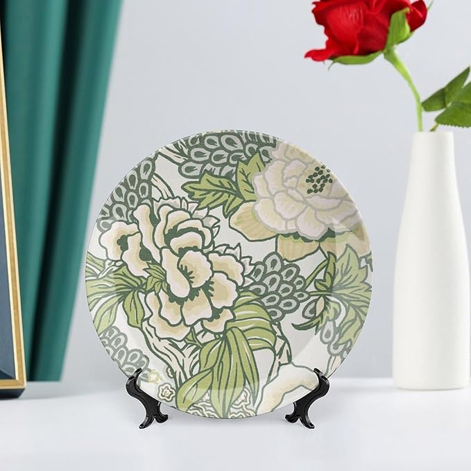 Green And White Chinoiserie Peony Floral Plates Ceramic for Display Blush Euro Peony Kitchen Club Supplies Housewarming Gifts Home Holiday Party Decorations Custom Gifts for Men Women Halloween