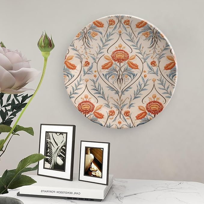 Vintage Orange Floral Fashion Plates, Birds Floral Pattern Customize Ceramic Dinner Plates for Art Decoration Wedding Display Decor, 1 Plate with 1 Display Stand Art Decorations for Household Club