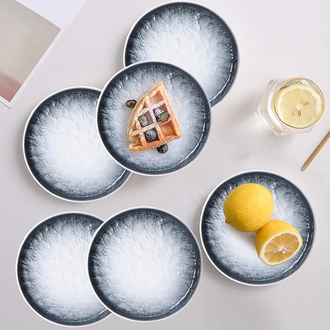 Eglaf 6'' Ceramic Small Appetizer Plates - Porcelain Gradient Water Wave Embossed Texture - Dessert Plates for Tea Party, Cake, Ice cream, Waffles, Apple Pie, Snacks (Set of 6 - Gray)
