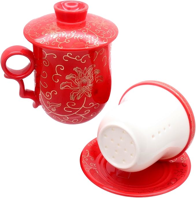 Porcelain Tea Cup with Infuser Lid and Saucer Sets - Chinese Jingdezhen Ceramics Coffee Mug Teacup Loose Leaf Tea Brewing System for Home Office