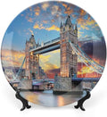 XISUNYA 8 Inch Decorative Plate, London Ceramic Plate, Vista of Tower Bridge at Dramatic Sunset Thames River Print Ornament Display Plate Handmade Plate Wedding Gifts, Light Blue Yellow Tan
