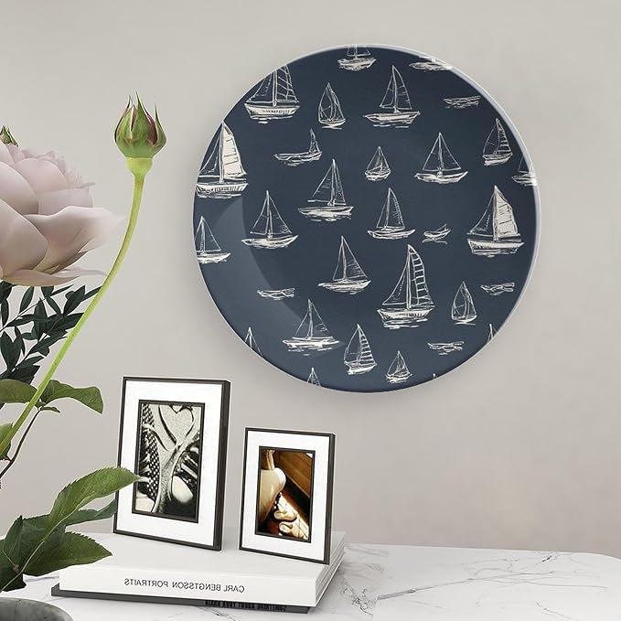 Personalized Gifts Plates Ceramic, Sail Boats Nautical Navy Blue Ceramic Hanging Decorative Plate Wall Including Bracket And Special Hook, Vintage Decor for Table Display Kitchen, 6", 7", 8", 10"