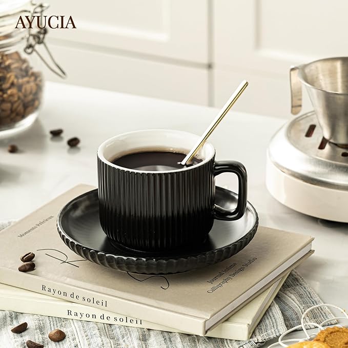 5 Ounce Espresso Cups Set of 4, Small Coffee Cups with Saucers and Spoons, Black Ceramic Demitasse Espresso Mugs